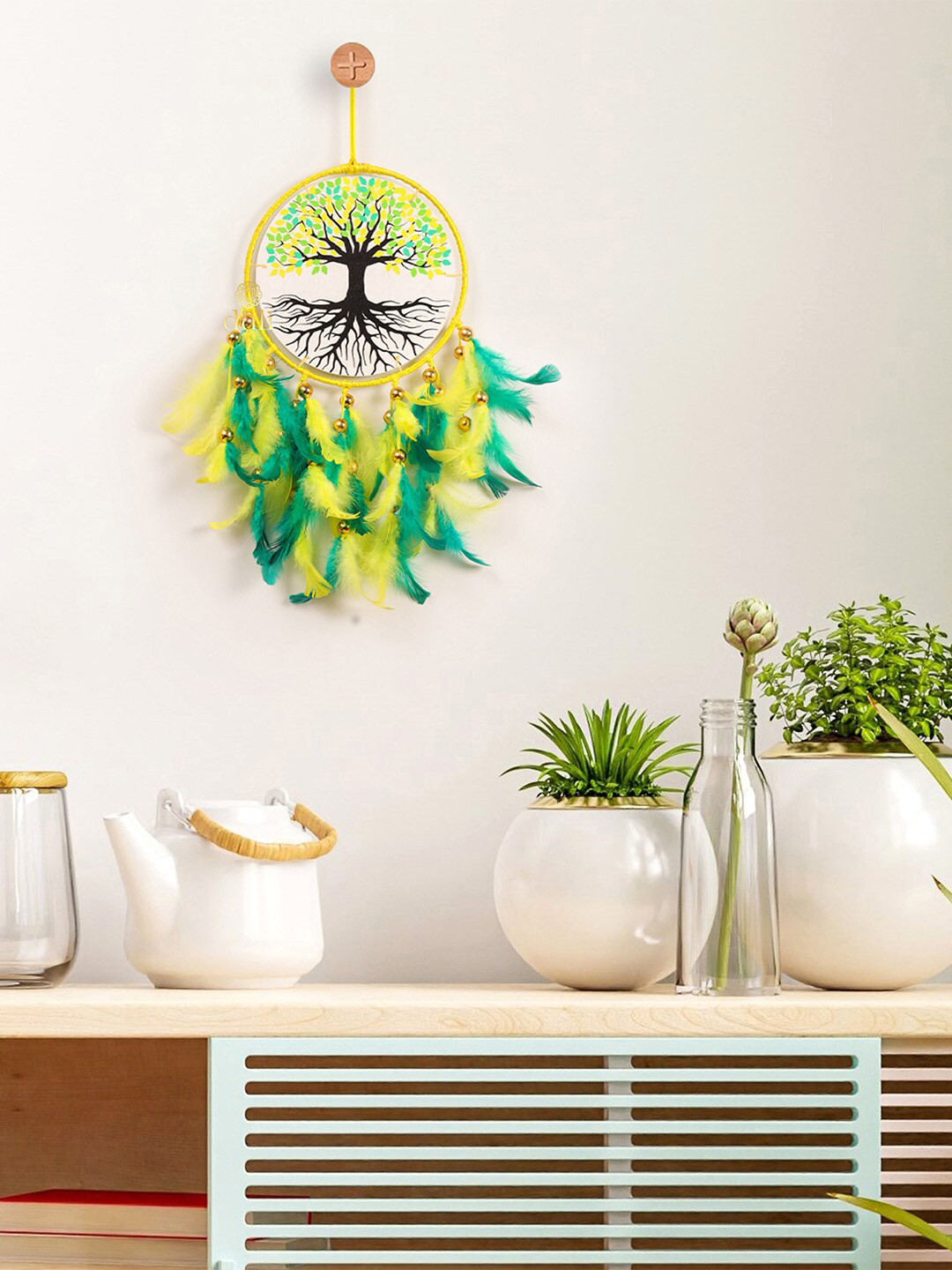 DULI Green & Yellow Hanging Tree of Life  & Feathers Dream Catcher Windchime