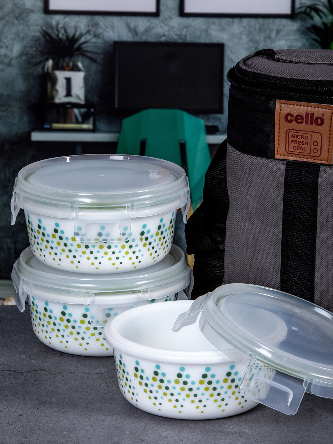 Cello White Set Of 3 Dishwasher Safe Printed Lunch Box With Lunch Bag 440 ml Each