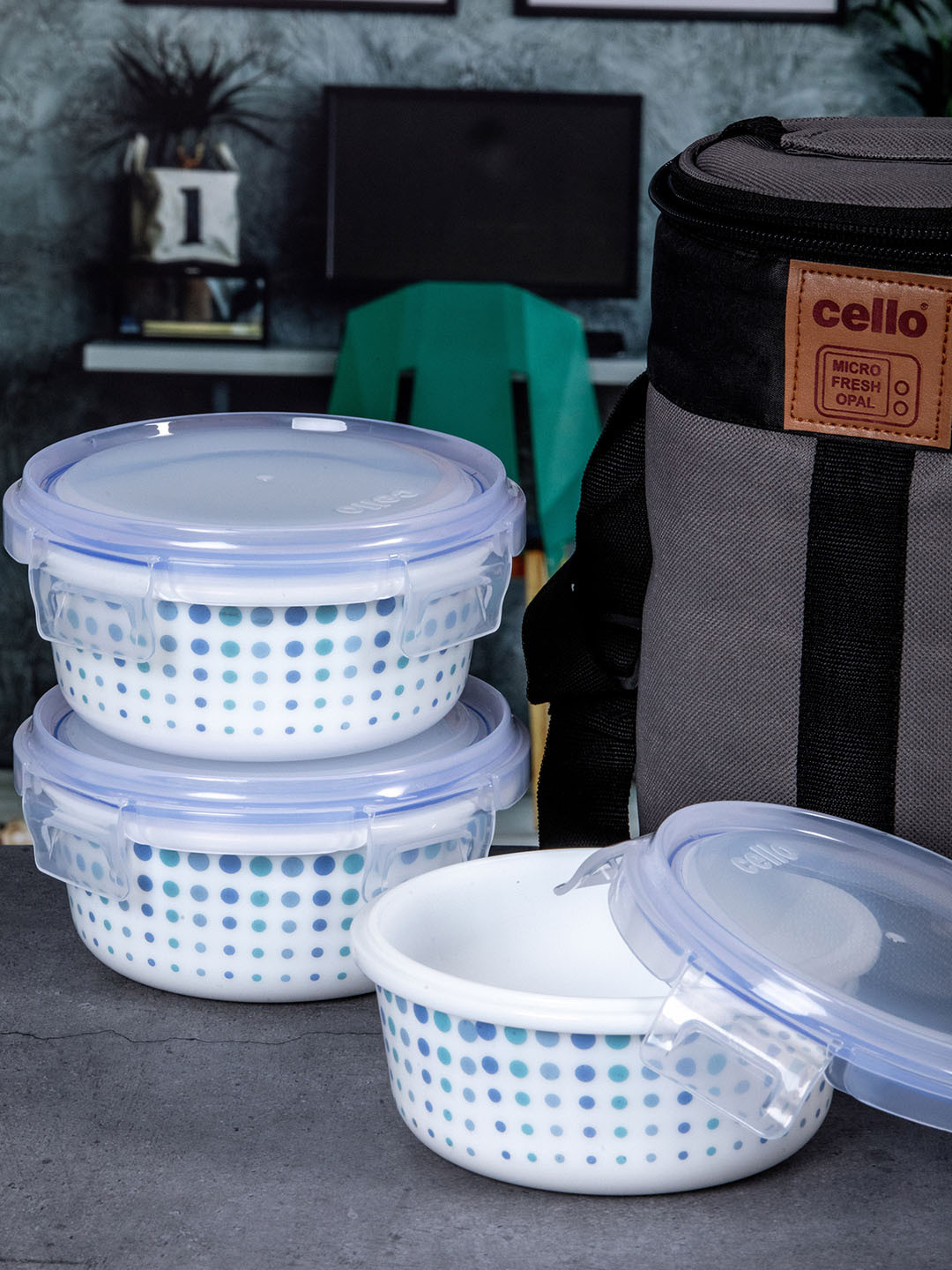 Cello White Set of 3 Dishwasher Safe Printed Glass Lunch Box With Bag 440ml Each