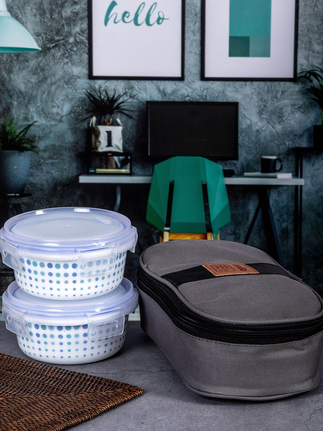 Cello Opalware Imperial Polka Dots Glass Dishwasher Safe 2PCs Lunch Box With Spoon & Fork