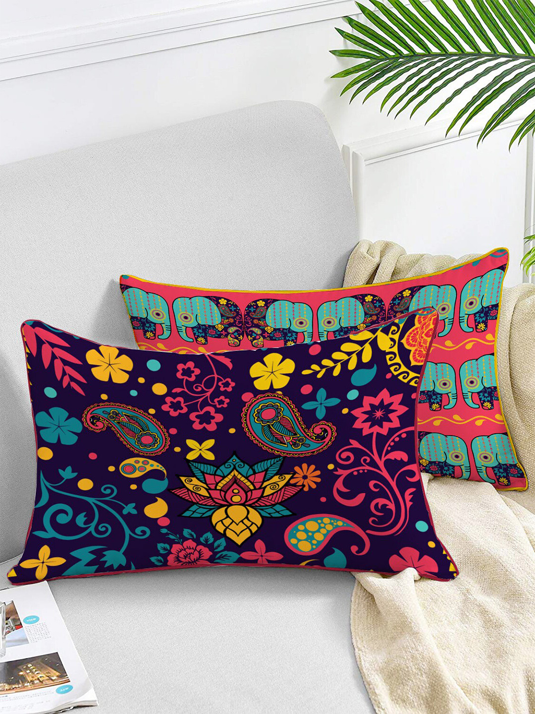 STITCHNEST Set of 2 Blue & Yellow Velvet Cushion Cover