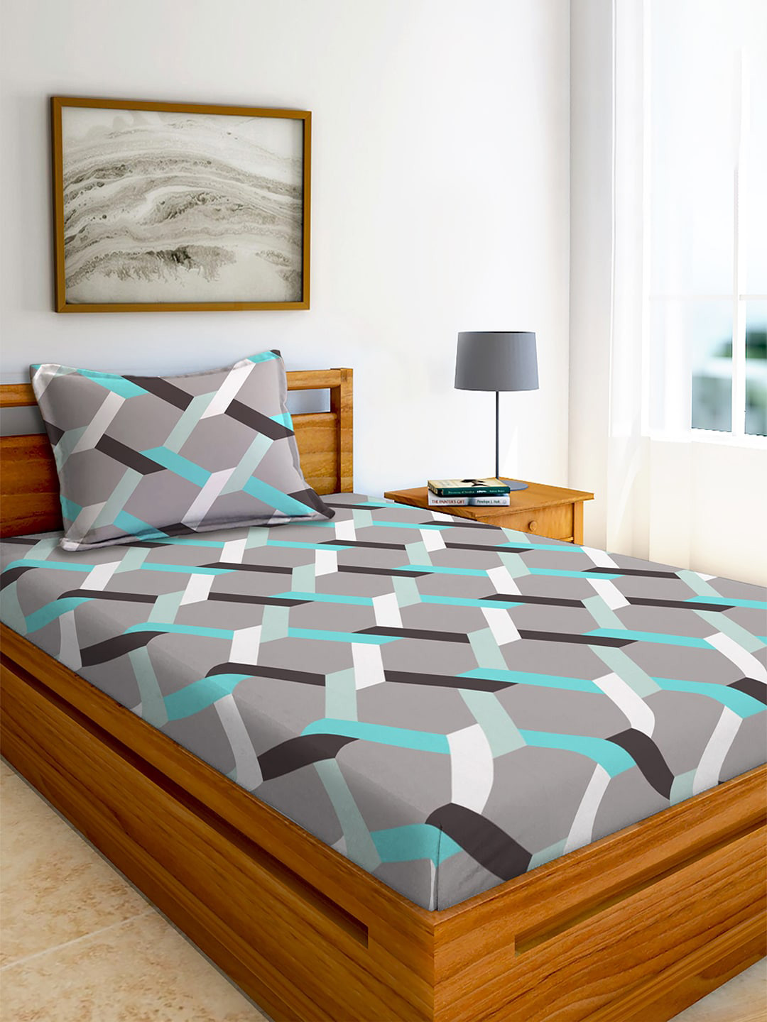 AEROHAVEN Grey Geometric Cotton 210 TC Single Fine Bedsheet with a Pillow Cover-71 x 94 inches