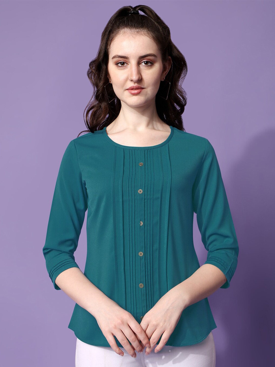 Prettify Women Blue Solid 3/4 Sleeves Shirt Style Top