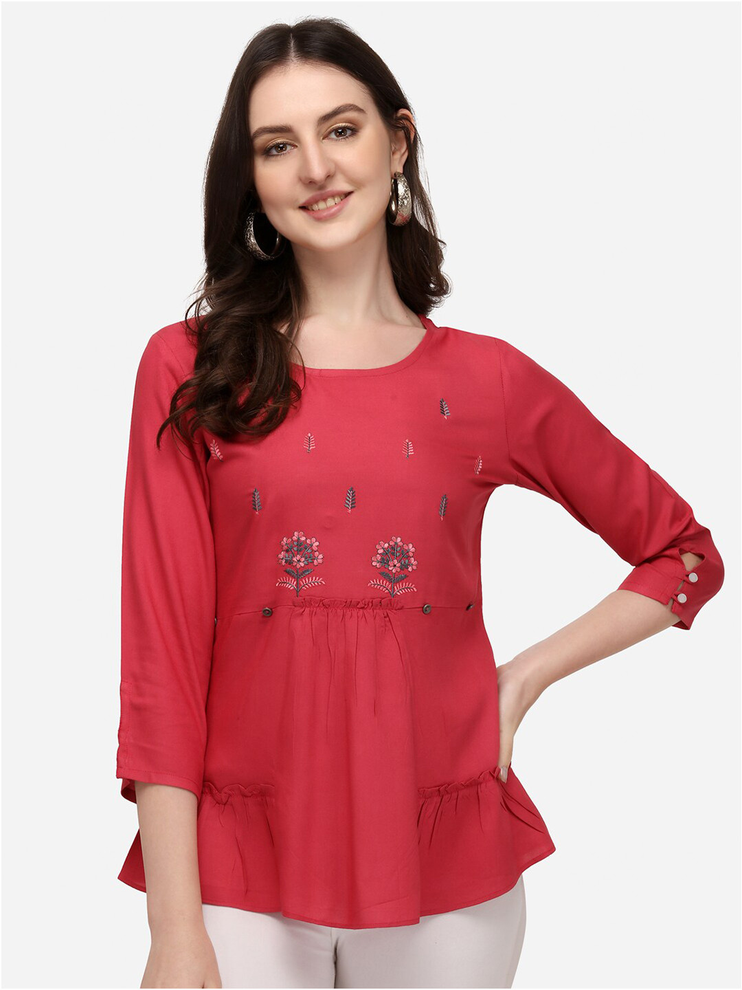 Prettify Women Red Solid 3/4 Sleeves Self Design Floral Top