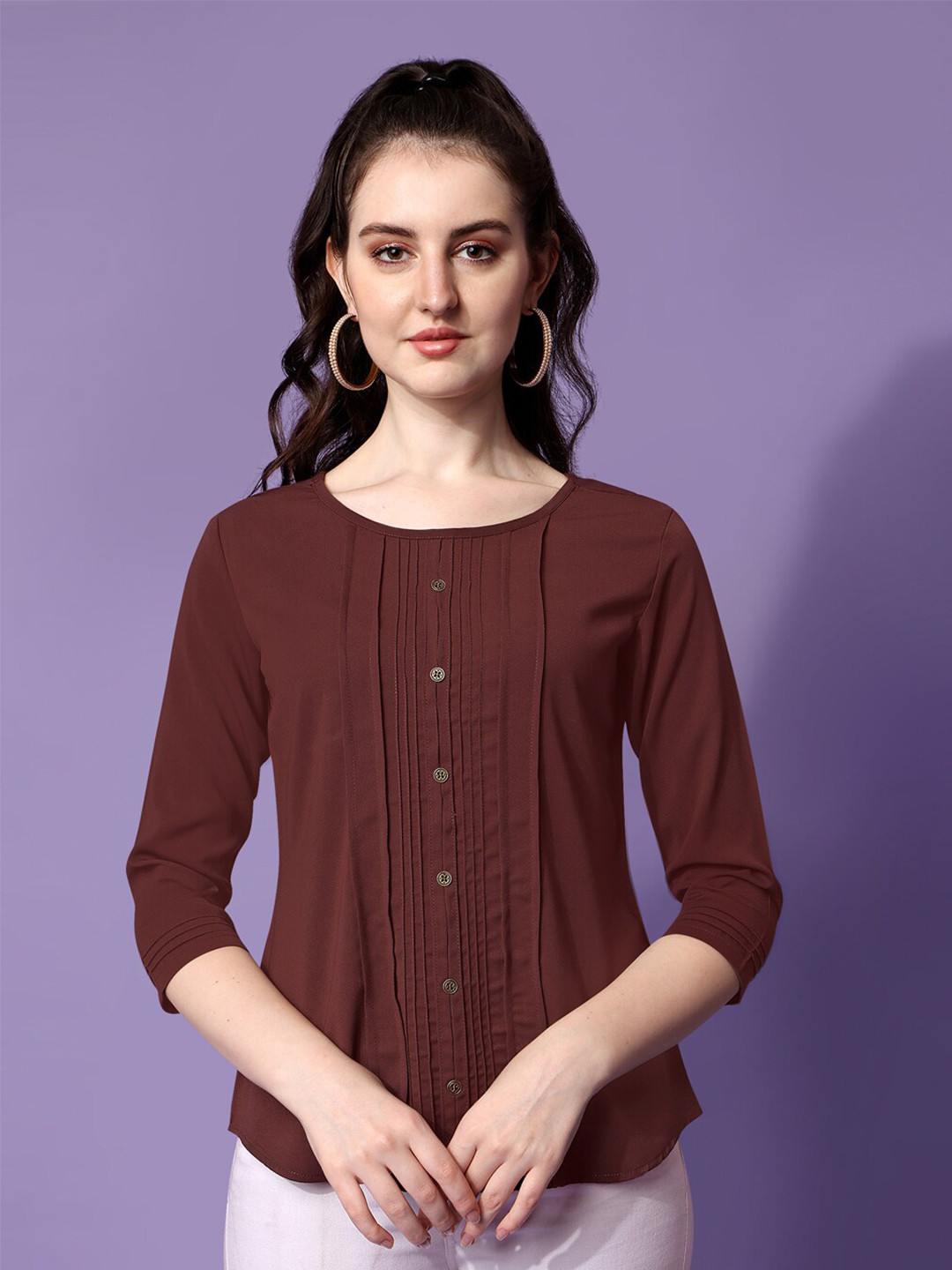 Prettify  Women Brown Solid 3/4 Sleeves Shirt Style Top