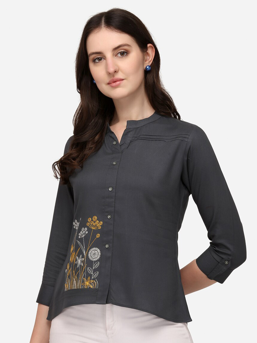 Prettify  Women Grey Floral Embroidered Mandarin Collar Shirt Style Top