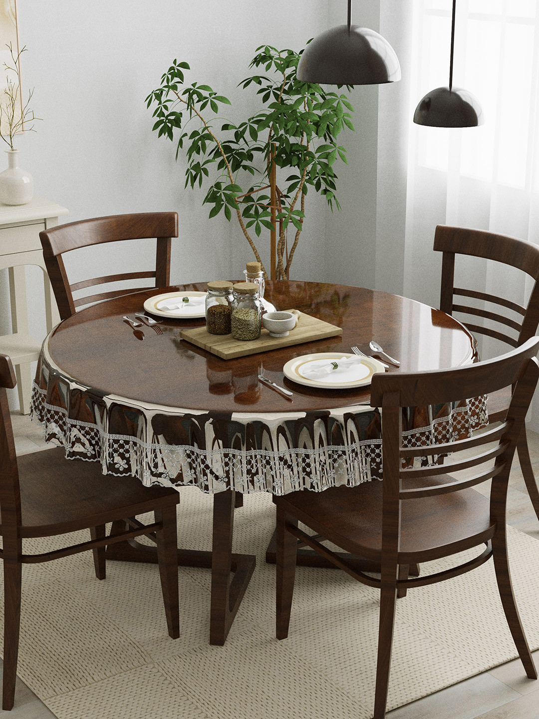 Clasiko Transparent & Silver Solid Round 4-Seater Table Cover