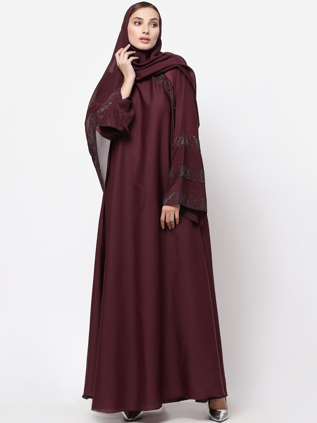KLOTTHE Women Maroon Embellished Abaya Burqa With Hijab