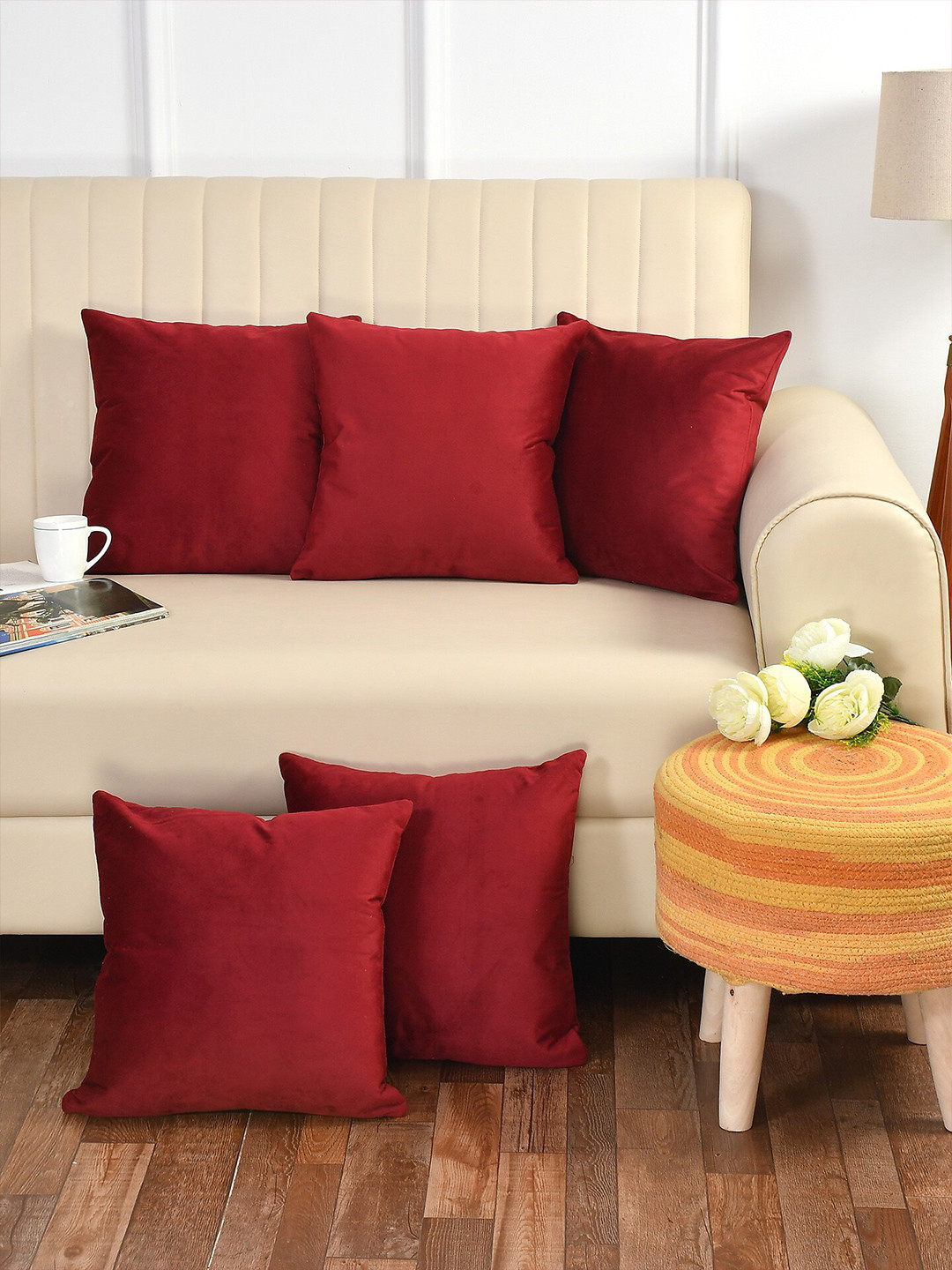 Bajo's Maroon Set of 5 Square Cushion Covers
