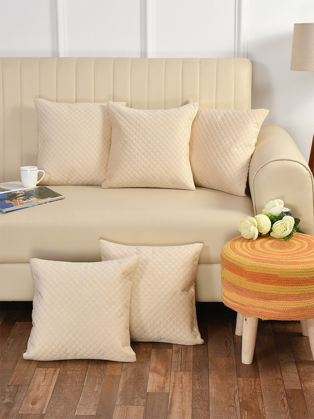 Bajo's Holland Checked Polyester Durable 5 Pcs Textured Square Cushion Covers - 16 x 16 In