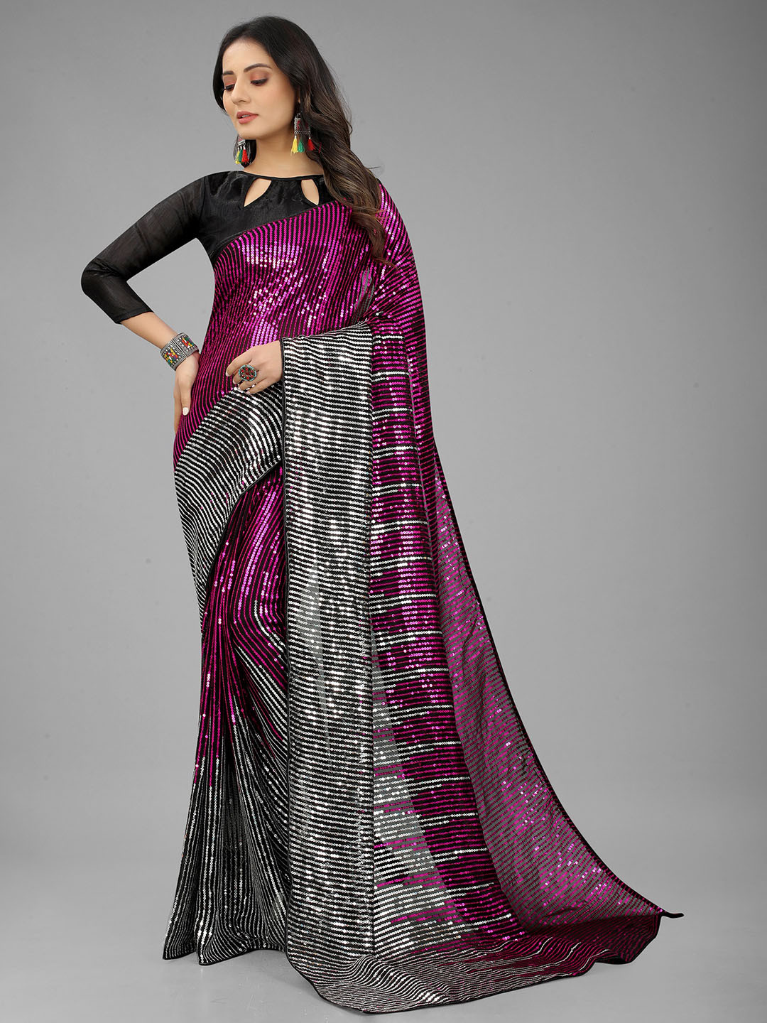 3BUDDY FASHION Purple & Grey Embellished Sequinned Saree