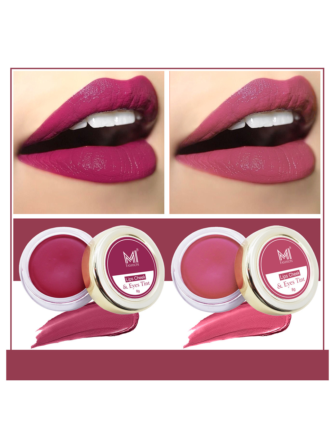 MI FASHION Set Of 2 Natural Lips Cheek & Eyes Tint 8g Each- Deep Carmine Pink Red & Peach