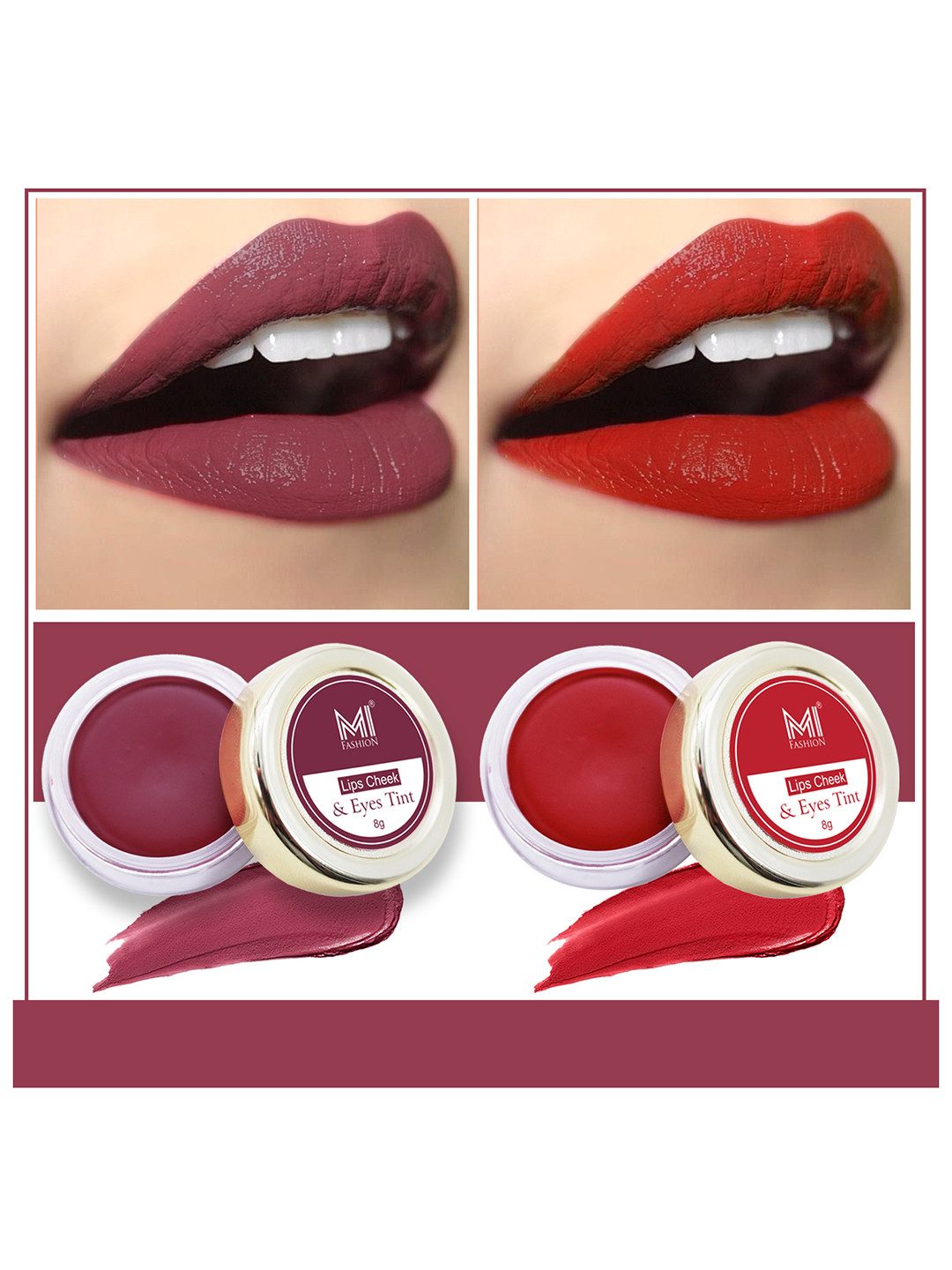 MI FASHION Set Of 2 Natural 3 In 1 Lips Cheek & Eyes Tint 8g Each- Beetroot & Red