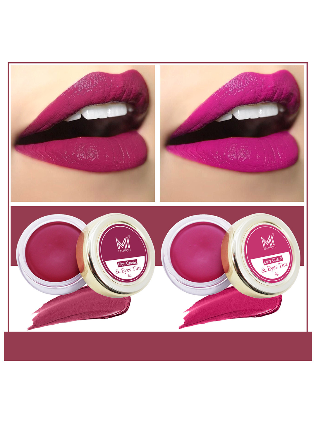 MI FASHION Set Of 2 Natural Lips Cheek & Eyes Tint - Deep Carmine Pink Red & Magenta Pink