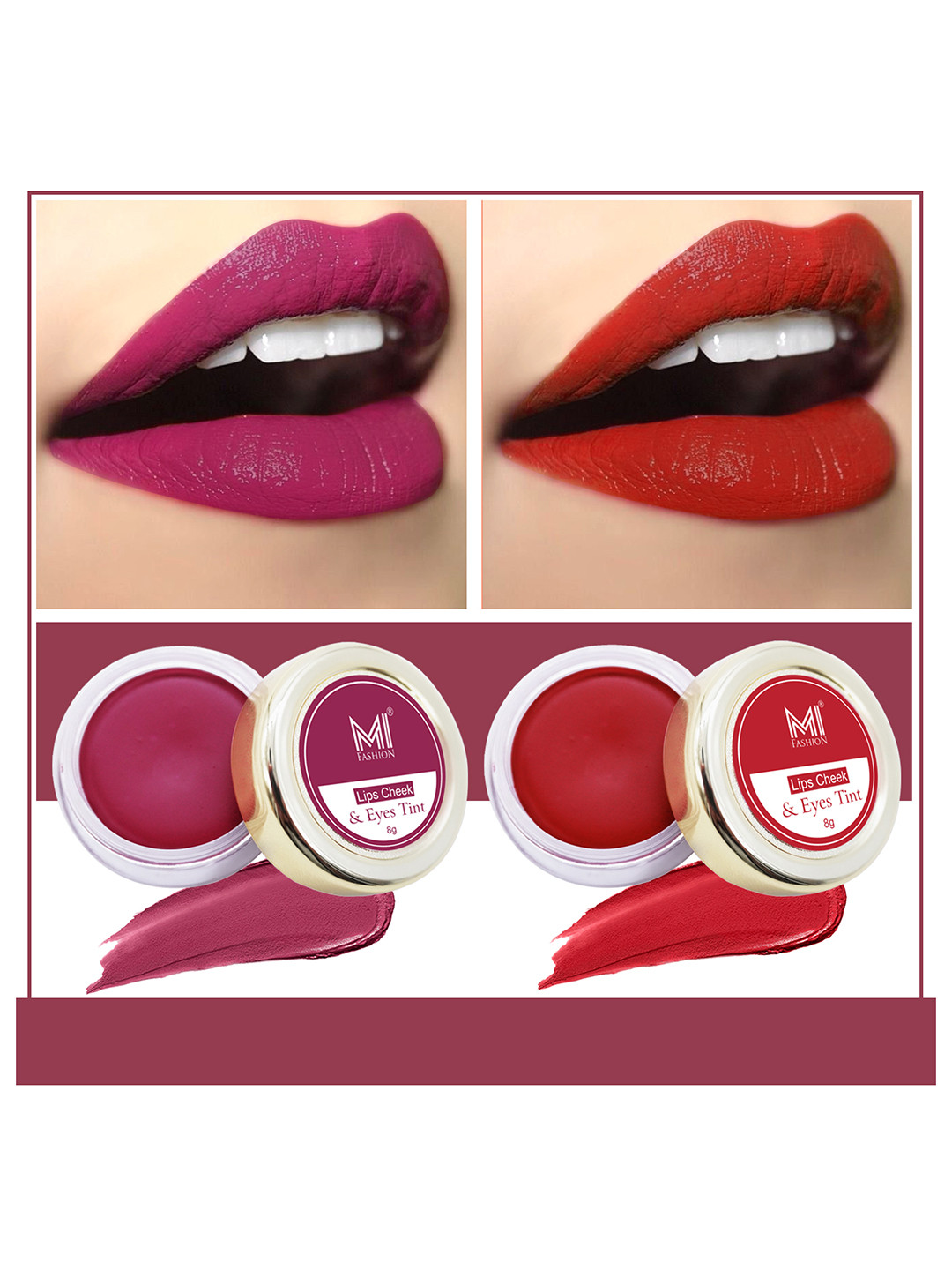 MI FASHION Set Of 2 Natural Lips Cheek & Eyes Tint 8g Each- Deep Carmine Pink Red & Red