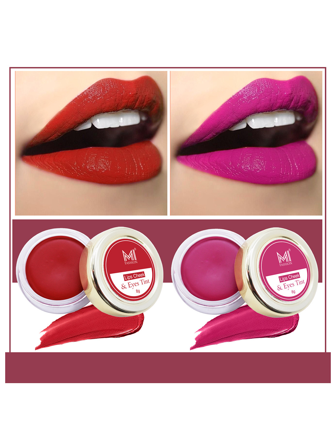 MI FASHION Set Of 2 Natural 3 In 1 Lips Cheek & Eyes Tint 8g Each - Red & Magenta Pink