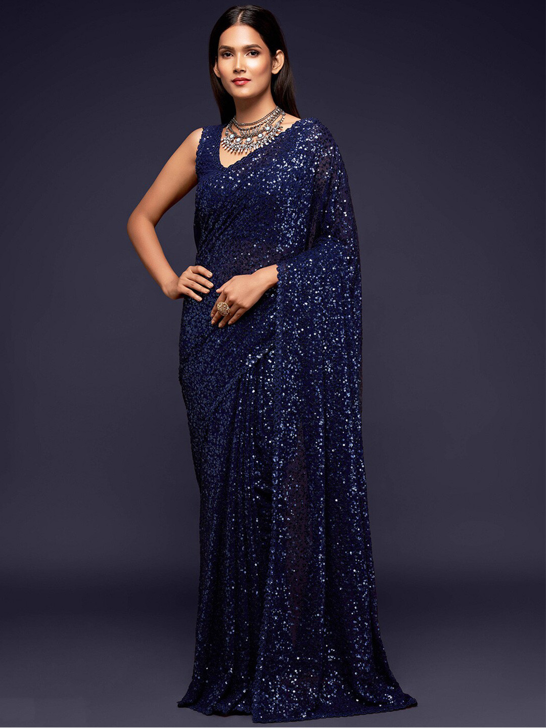 FABPIXEL Blue Embellished Sequinned Pure Georgette Saree