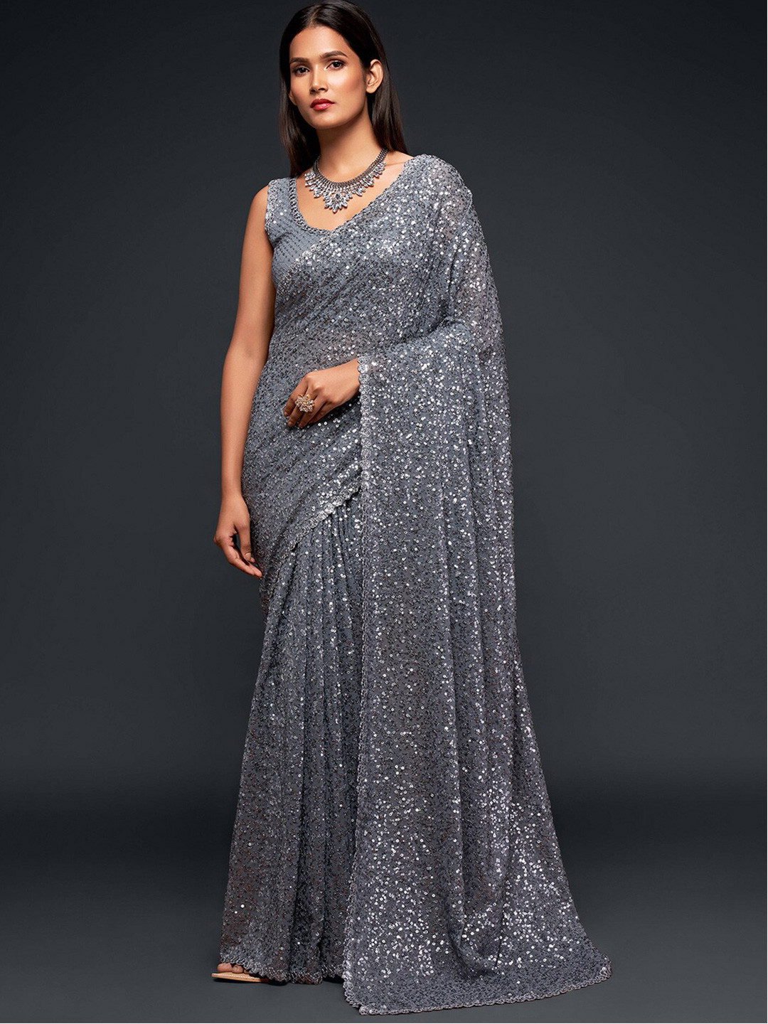 FABPIXEL Grey Embellished Sequinned Pure Georgette Saree