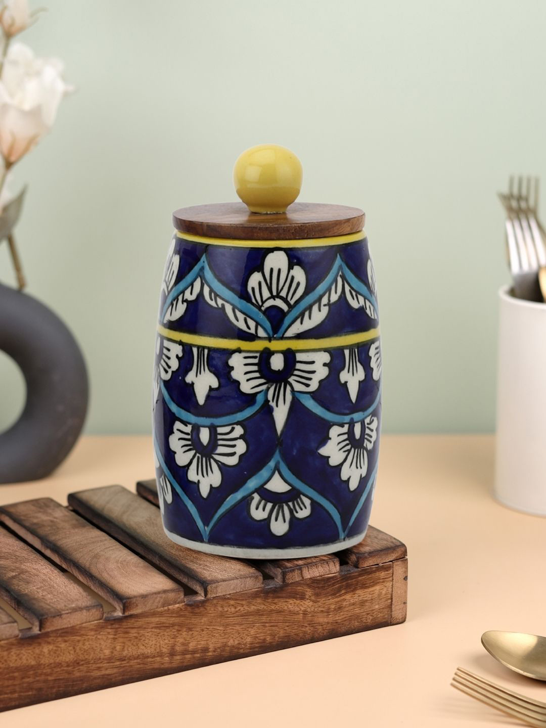VarEesha  Blue Set Of 2 Printed  Floral Small Dholak Ceramic Jars 300 ML