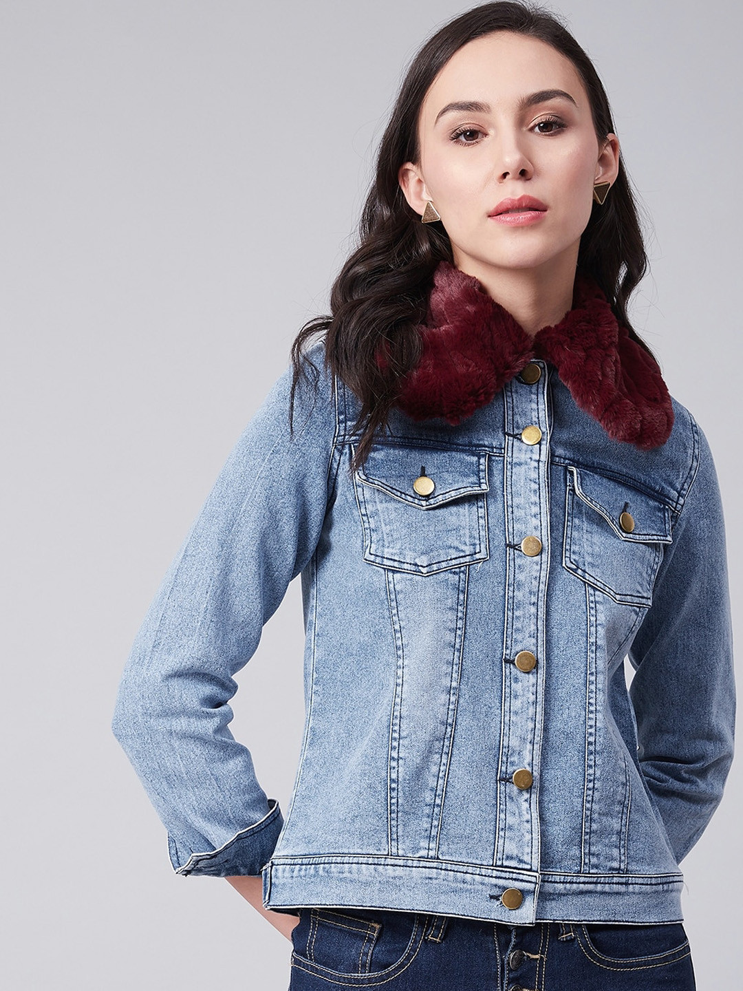 StyleStone Women Maroon Lapel Collar Washed Denim Jacket