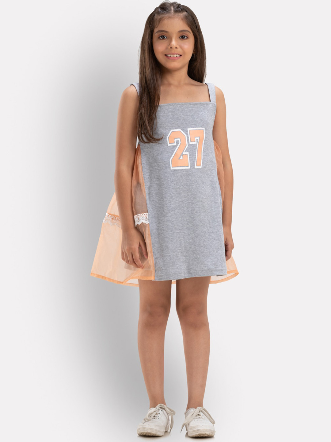 Growing Tree Girls Grey & Orange Pure Cotton Tunic with Shorts and Camisole