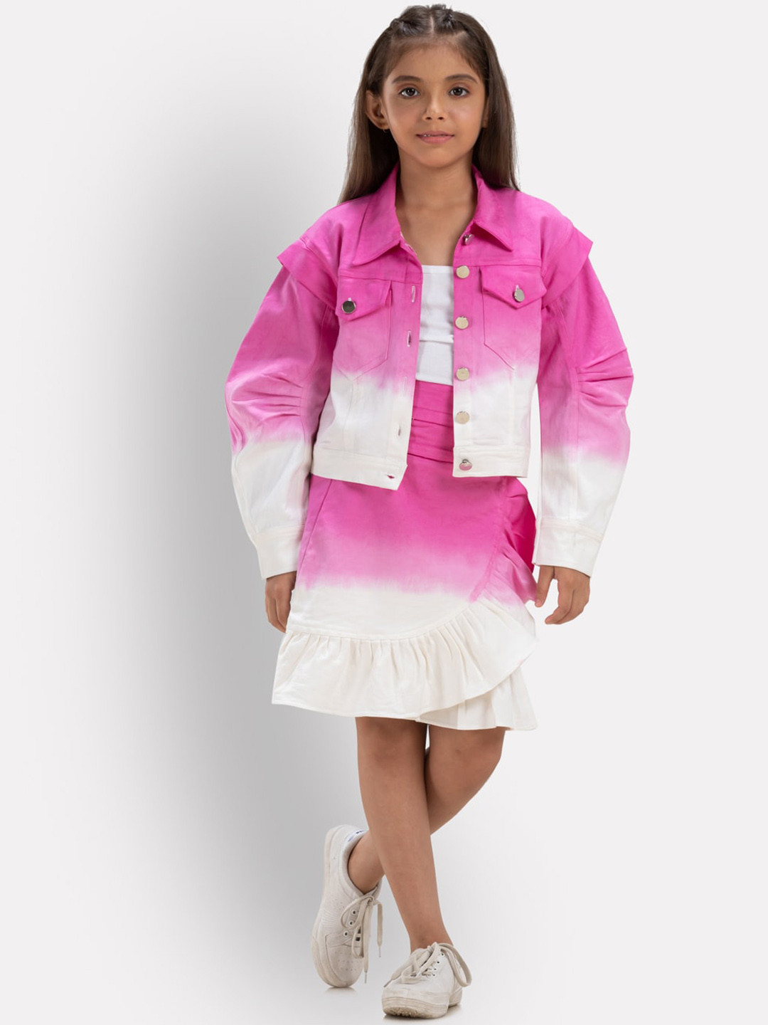 Growing Tree Girls Pink & White Dyed Cotton Jacket with Skirt