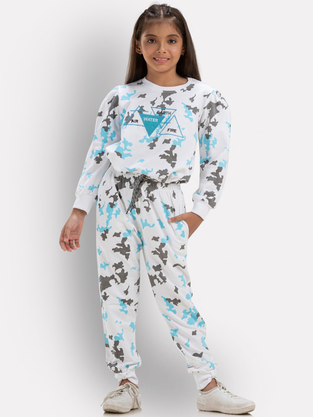 Growing Tree Girls White & Blue Printed Cotton Top with Pyjamas