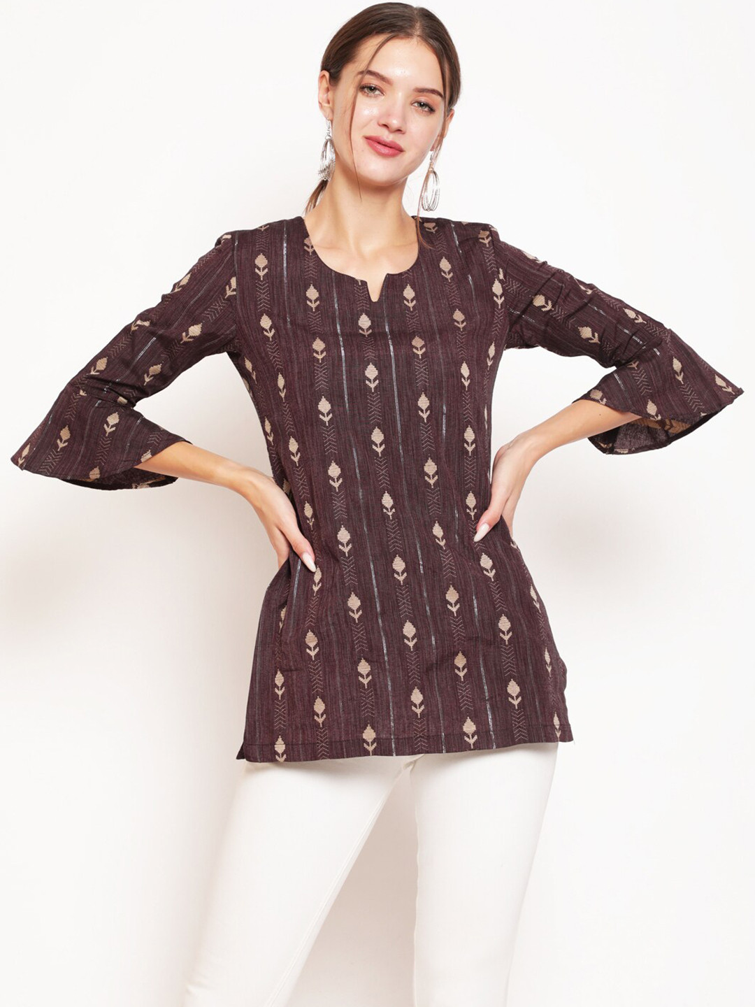AKIMIA Women Coffee Brown & Gold-Toned Thread Work Pure Cotton Thread Work Kurti