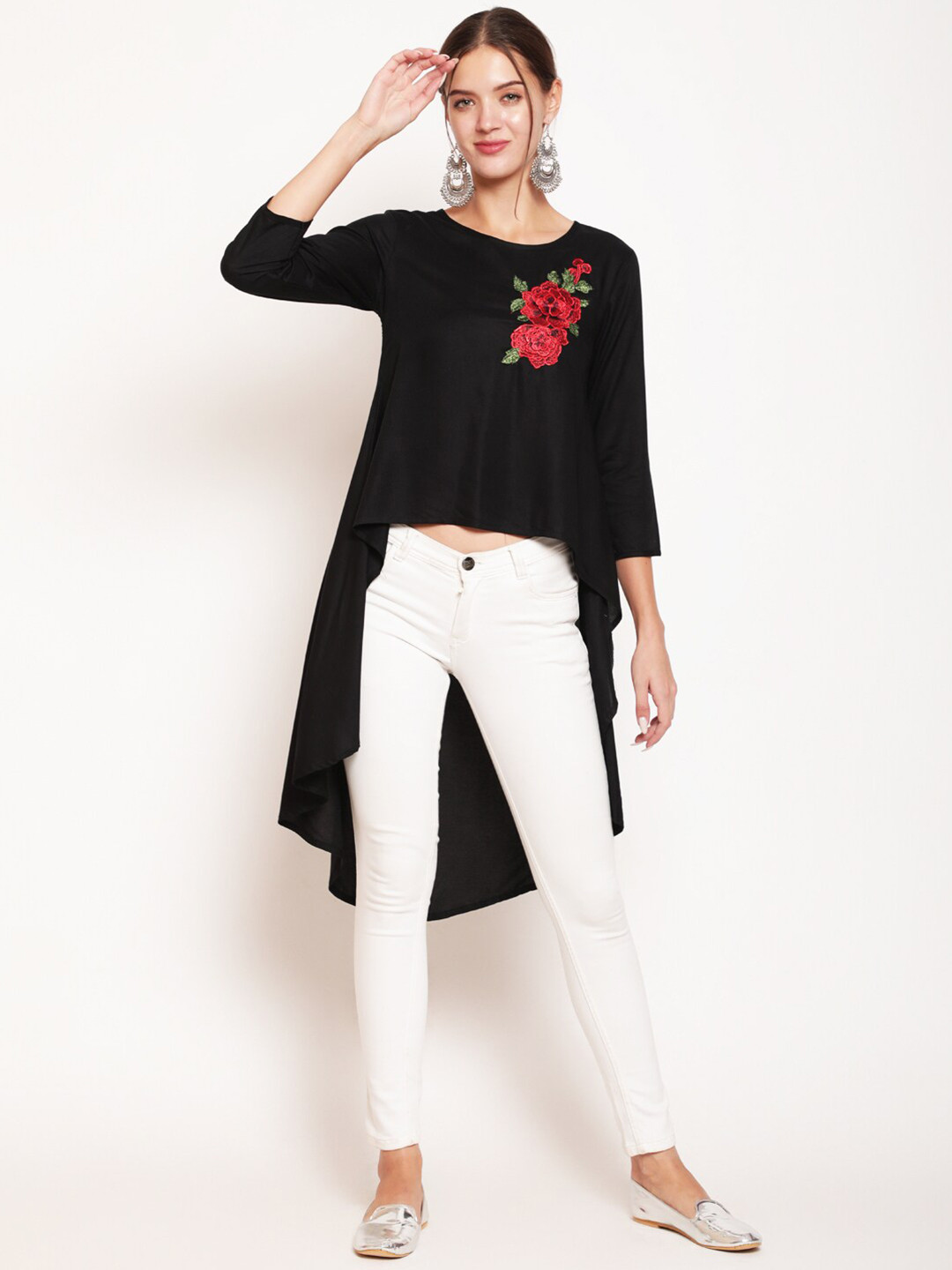 AKIMIA Women Black & Red Floral Embroidered High-Low Crop Top