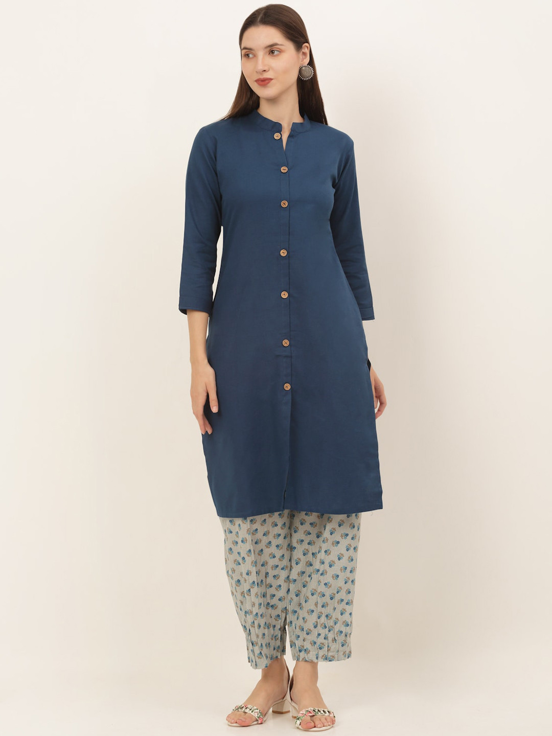 KALINI Women Blue Pure Cotton Kurta with Pleated Hem Salwar
