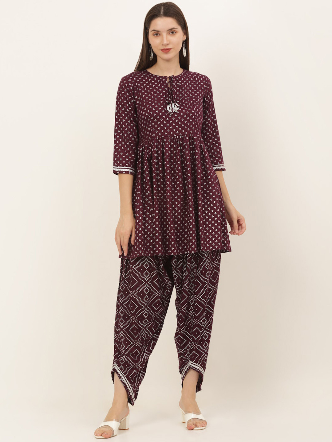 KALINI Women Burgundy Bhandhni Printed Kurti with Dhoti Pants
