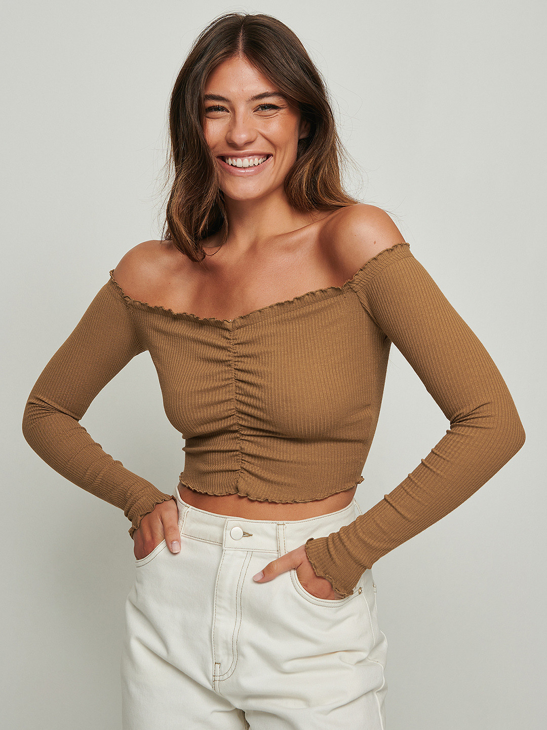 NA-KD Brown EcoVero Ribbed Ruched Off-Shoulder Crop Top