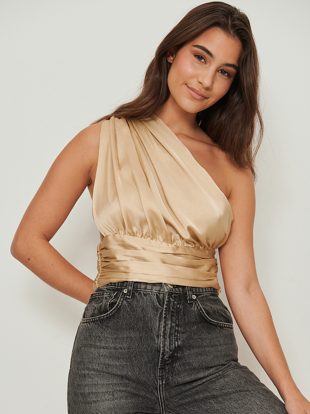 NA-KD Beige One Shoulder Cinched Waist Top