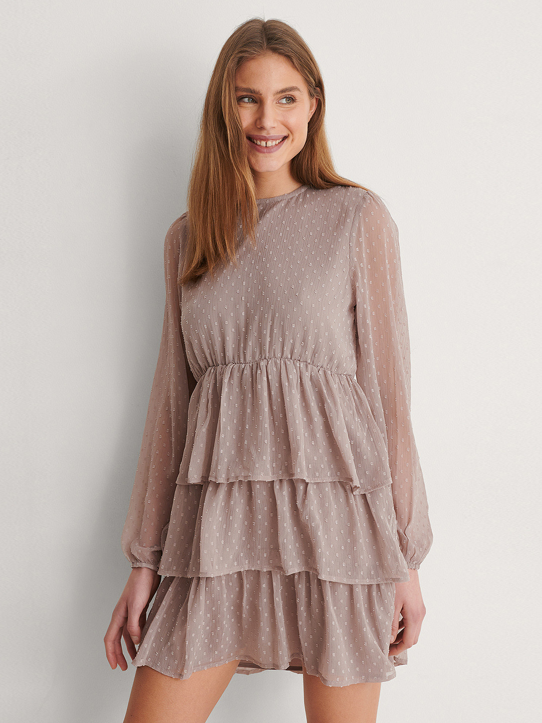 NA-KD Mauve Dobby Ruffle A-Line Mini Dress
