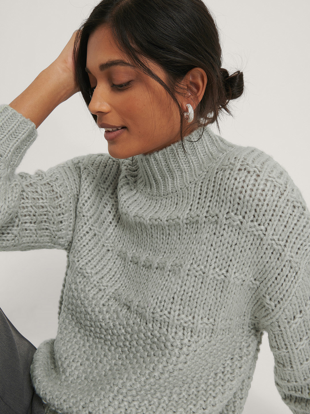 NA-KD Women Grey Striped Chunky Knit Acrylic Pullover