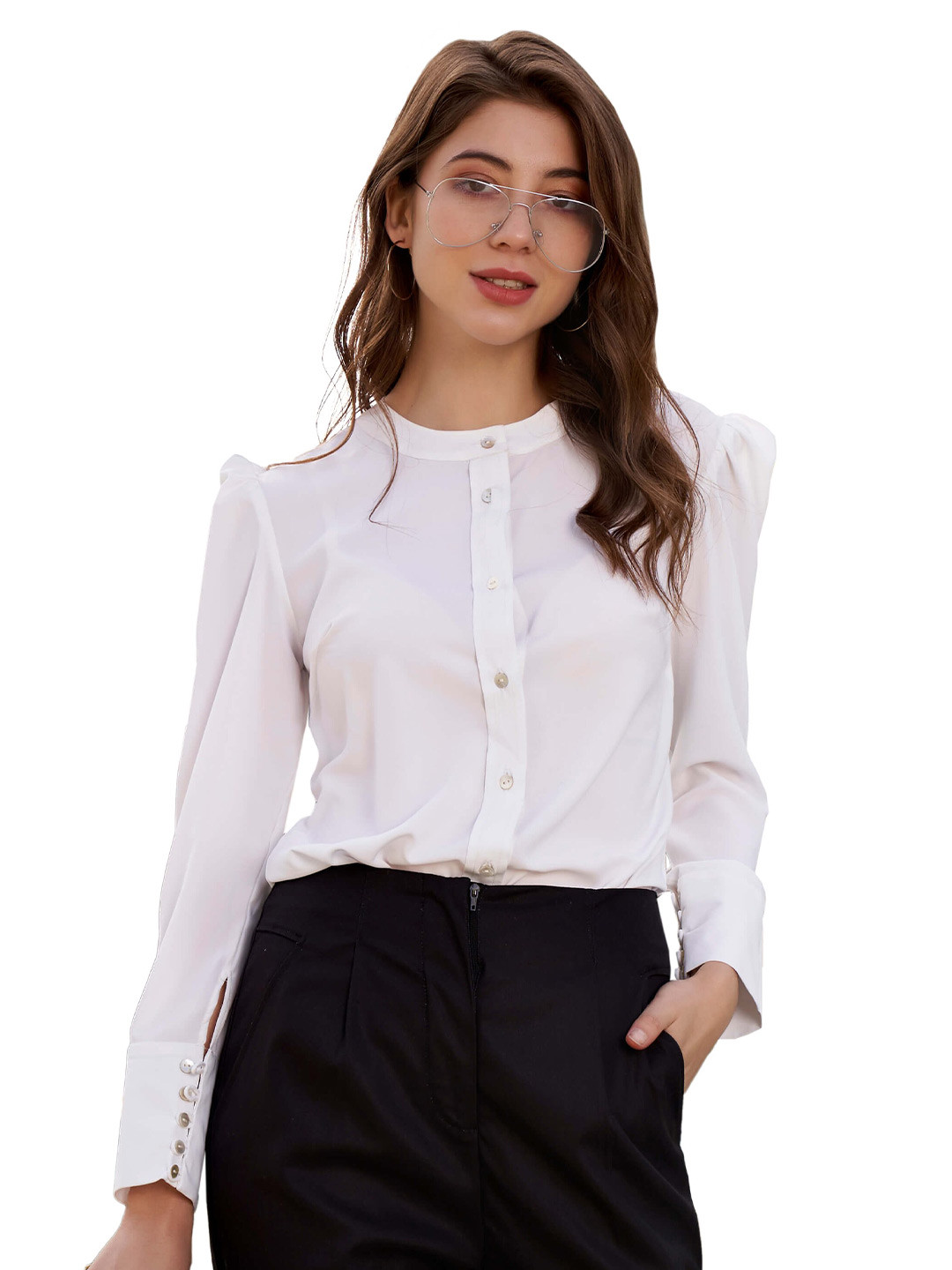 NEOFAA Women White Regular Fit Puff Sleeve Shirt