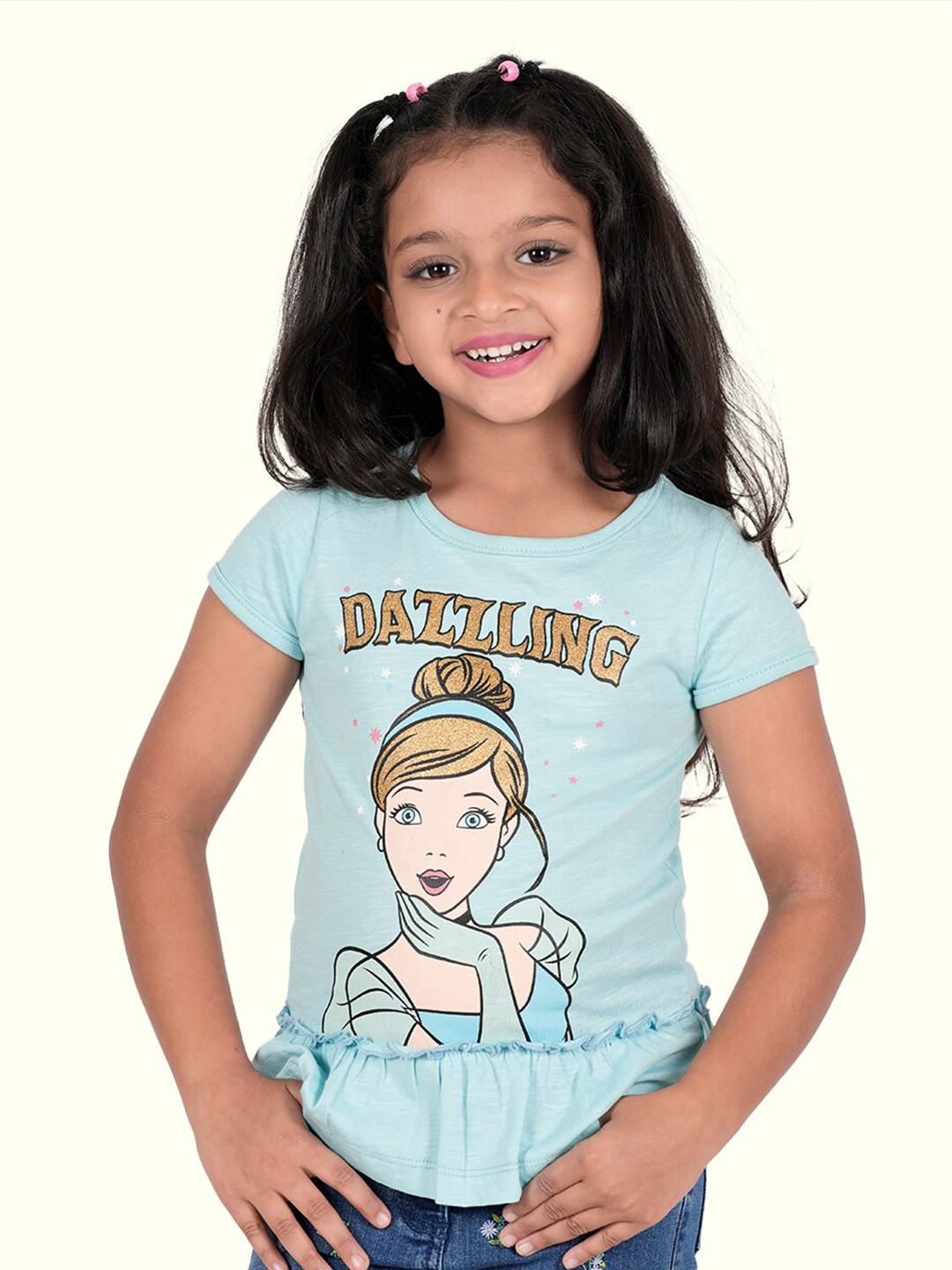 Zalio Girls Blue Pure Cotton Printed Embellished T-shirt