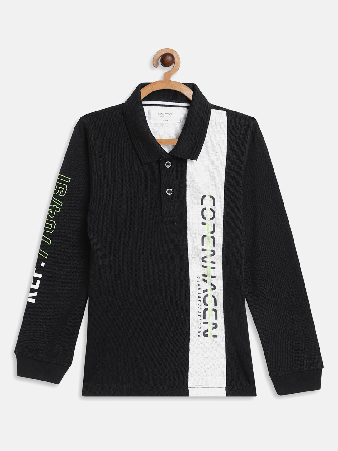 Octave Boys Black & White Typography Printed Polo Collar Cotton T-shirt