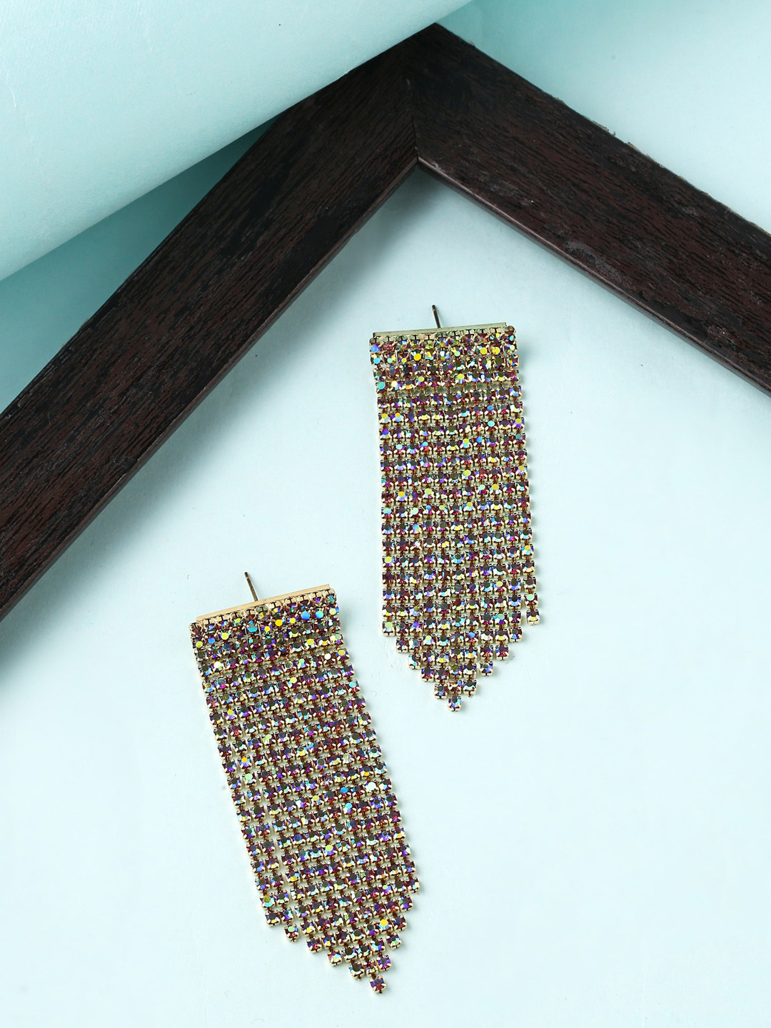 Yellow Chimes Women Gold-Toned Crystal Studded Linear Chain Dangling Earrings