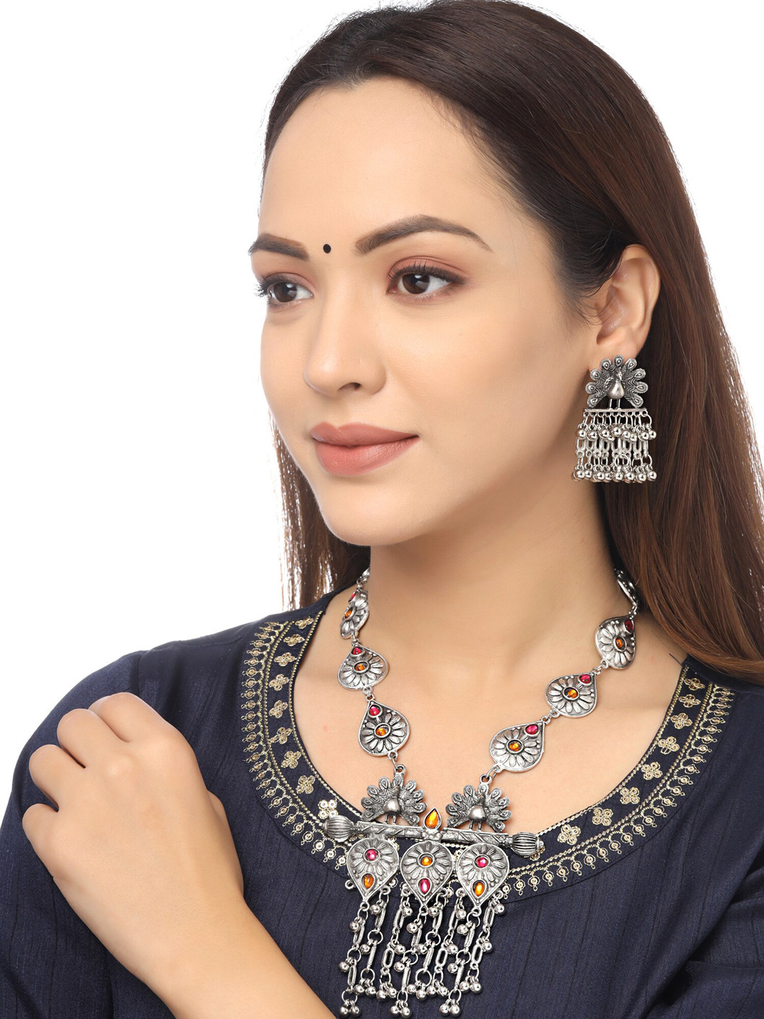 Yellow Chimes Silver-Plated Red & Pink Leaf Shaped Oxidised Stone Studded Jewellery Set
