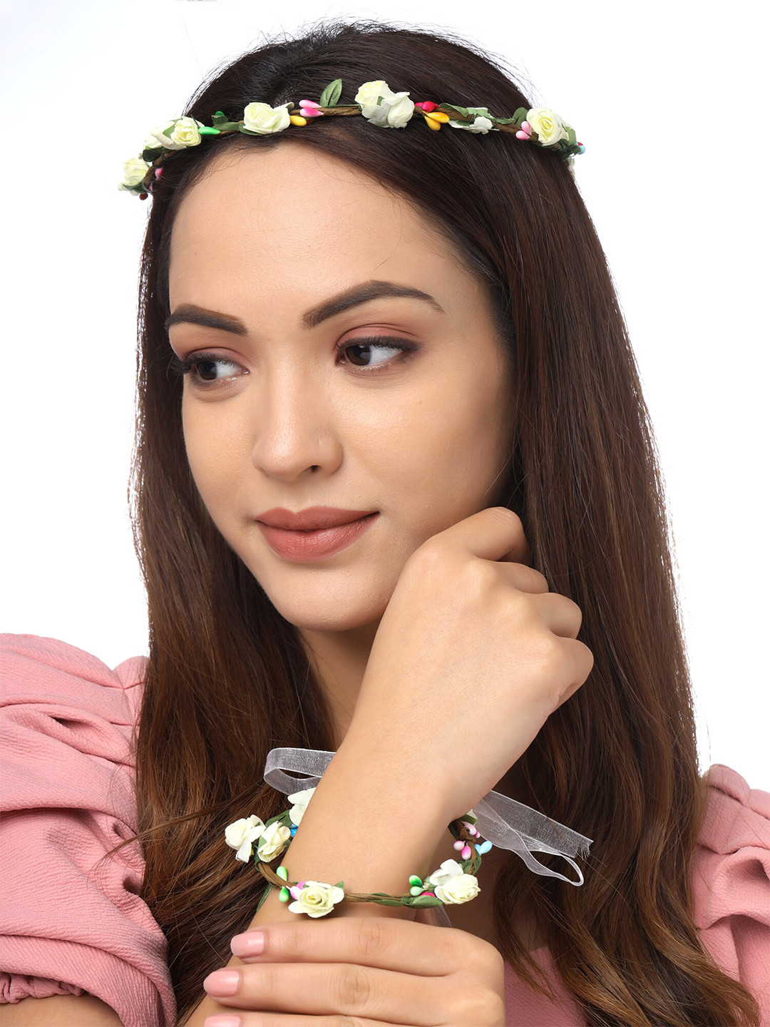 Yellow Chimes Women White Bridal Wedding Headband Hair Tiara with Bracelet