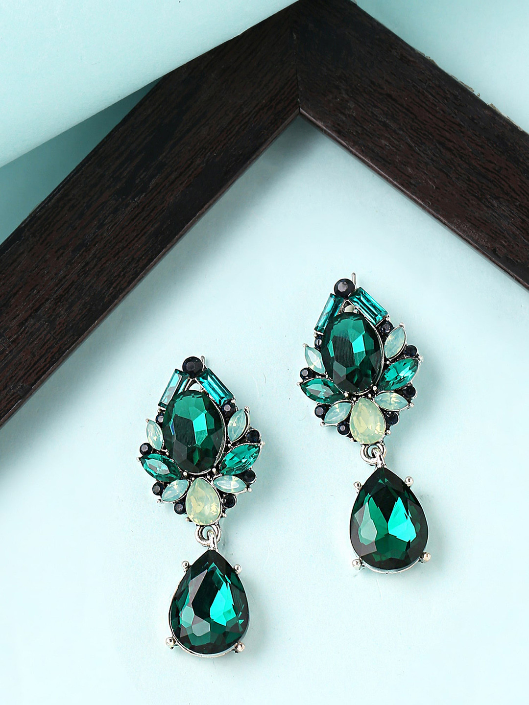 Yellow Chimes Green Crystal Studded Tear Drop Earrings