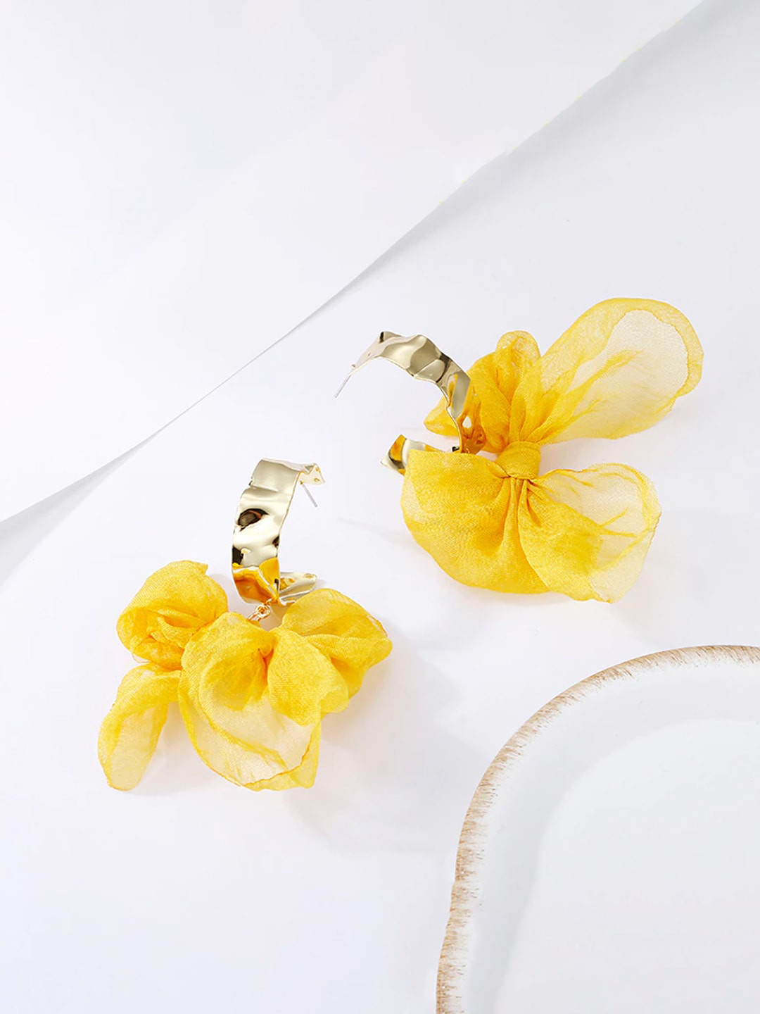Yellow Chimes Yellow Cloth Woven Bow Shaped Drop Earrings