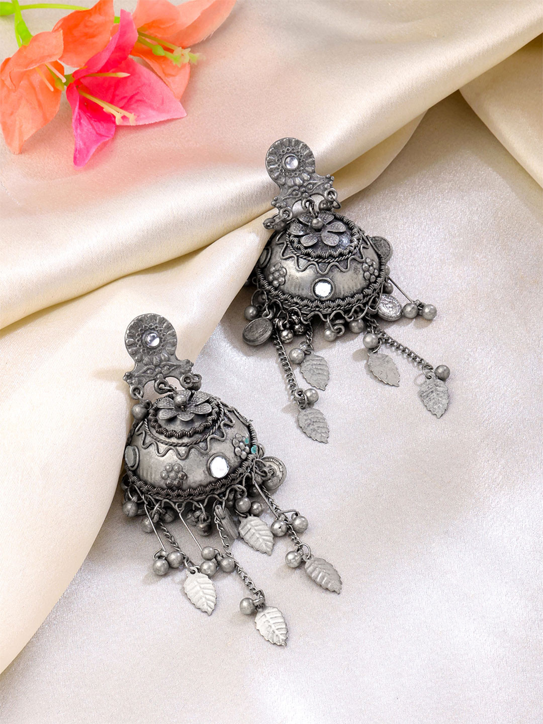 Yellow Chimes Silver-Plated Oxidised Charmed Jhumka Earring