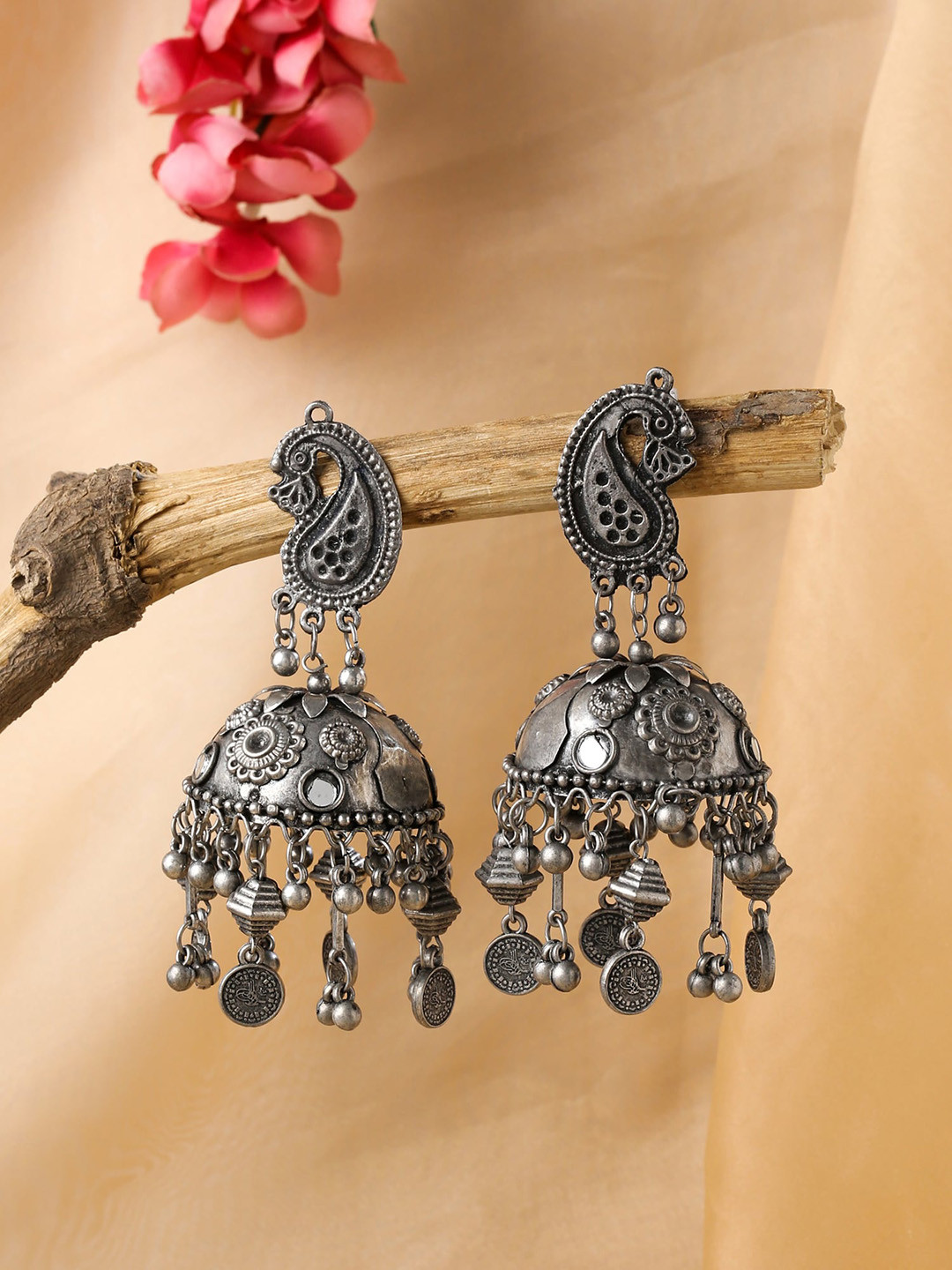 Yellow Chimes Silver Oxidised Peacock Designed Charmed Jumkhas Earring