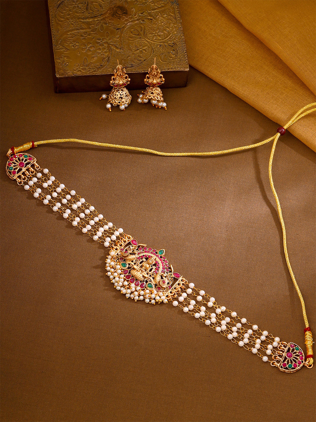 Yellow Chimes Gold-Plated White Stone-Studded & Beaded Tempal Jewellery Set