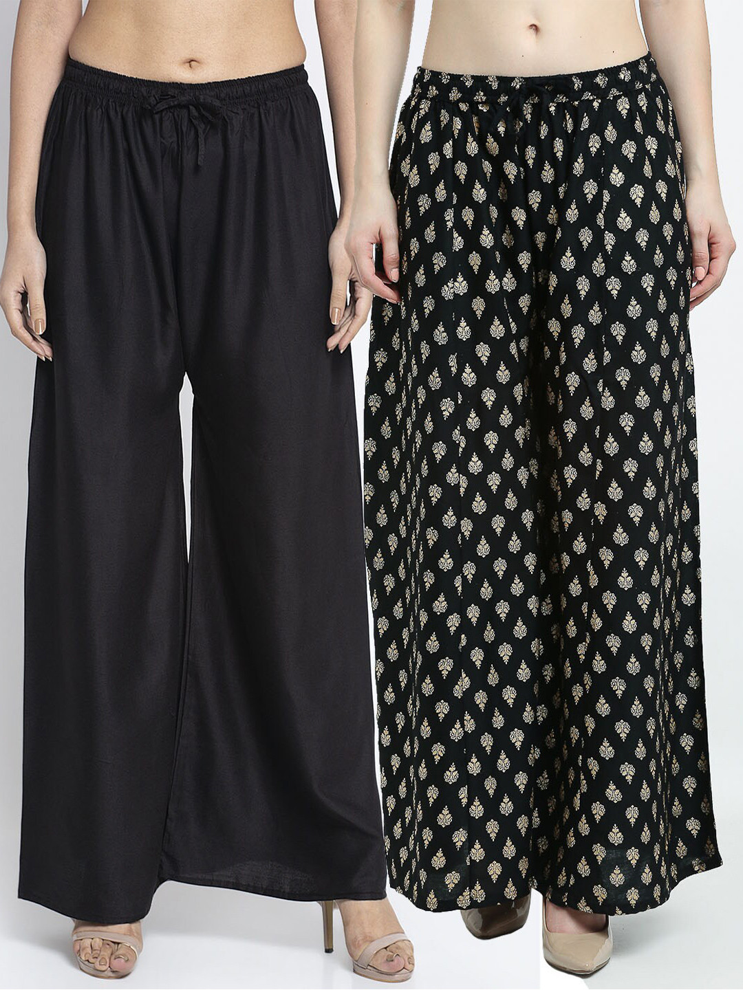 GRACIT Women Black & Gold-Toned Pack Of 2 Printed Flared Knitted Ethnic Palazzos