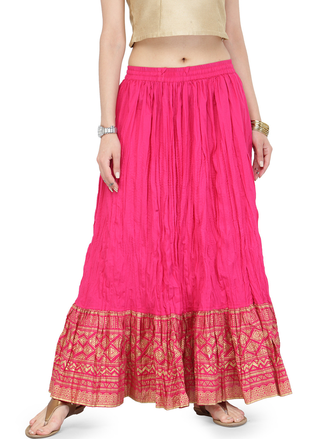 Varanga Pink Flared Maxi Pure Cotton Skirt with Crinkled Effect