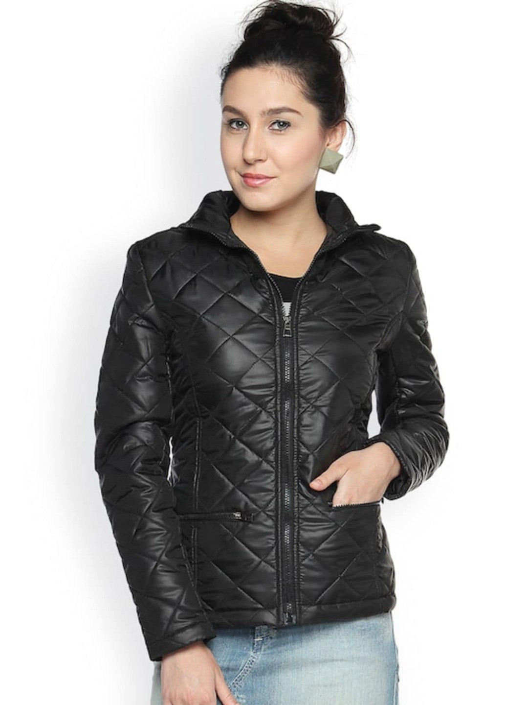 Campus Sutra Women Black Windcheater Outdoor Quilted Jacket with Patchwork