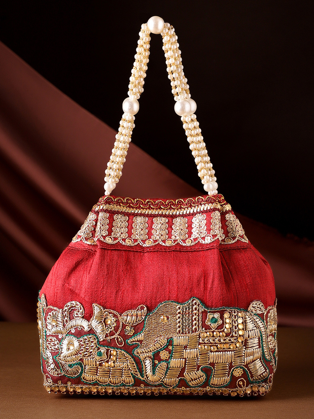 Rubans Maroon Silk Potli Bag with Pearl Handle & Elephant Motif Green & Gold Embroidery